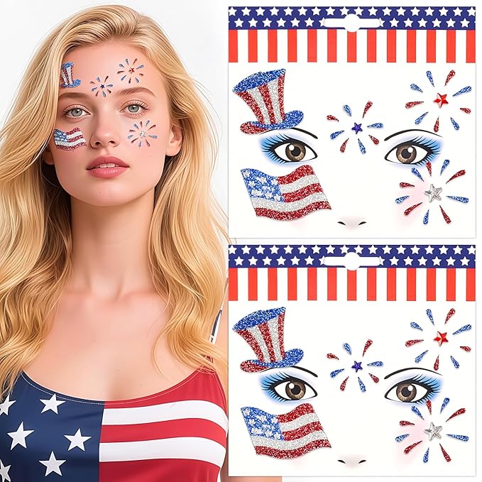 4th of July Face Gems, Fourth of July Celebration Face Jewels, Patriotic Tattoo with USA Flag Stars Designs, Sparkle Glitter Red Blue Silver for Independence Day, Parades, Parties 2 Sheets (style2)