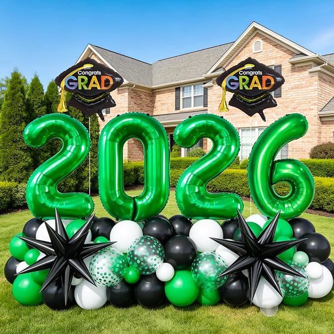 Graduation Balloons Garland Arch Kit, Graduation Balloon Class of 2026, Green and Black White Balloons with Foil Balloon for Class of 2026 Party Decor
