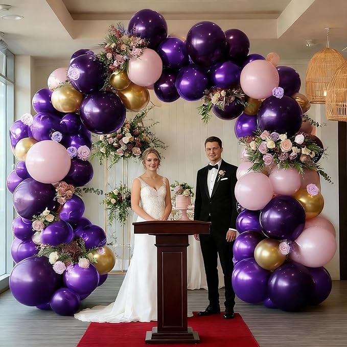 Purple and Gold Balloons Double Stuffed Royal Purple Pink Balloon Garland Kit with Artificial Flowers Balloon Arch for Sweet 16, Bridal Shower and Birthday Decoration