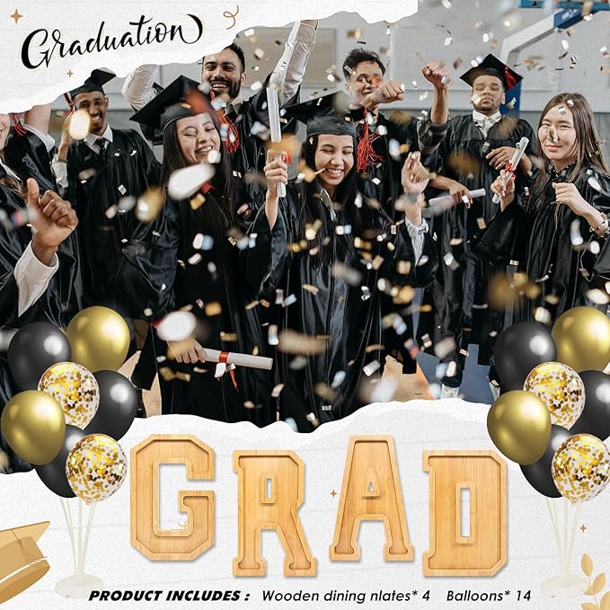 4PCS Wooden Graduation Decorations Number Charcuterie Board Box-(with 14 Balloons) GRAD Charcuterie Numbers Fillable Food Graduation Party Supplies Suitable for 2025 Party Graduation Decoration