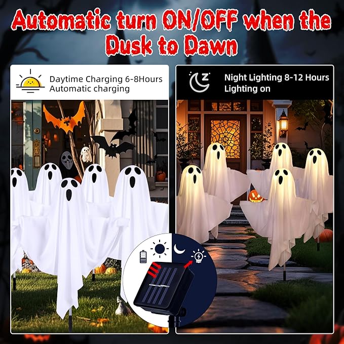 Halloween Decorations Solar Halloween Ghost Lights - Outdoor Ground Stake Spooky Decorations Ghosts for Yard Lawn Patio Porch Holiday Decor (Set of 5)