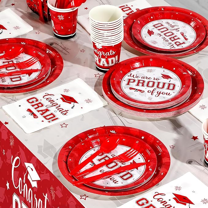Graduation Party Supplies Congrats Grad Plates and Napkins Set Serve 50, Disposable Tableware Paper Plates Napkins Cups Knives Spoons Forks Straws for Class of 2026 Graduation Party Decorations (Red)