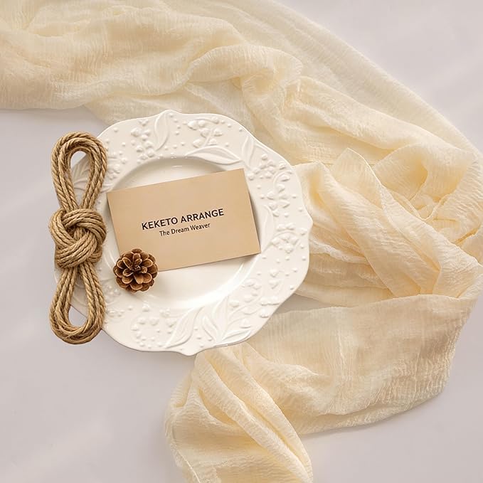 Keketoarrange 3pcs Ivory Gauze Rustic Cheesecloth Table Runner 120 Inch 10 FT for Wedding Baby Shower Bridal Shower Birthday Engagement Garden Outdoor Party Long Sheer Boho Decorations