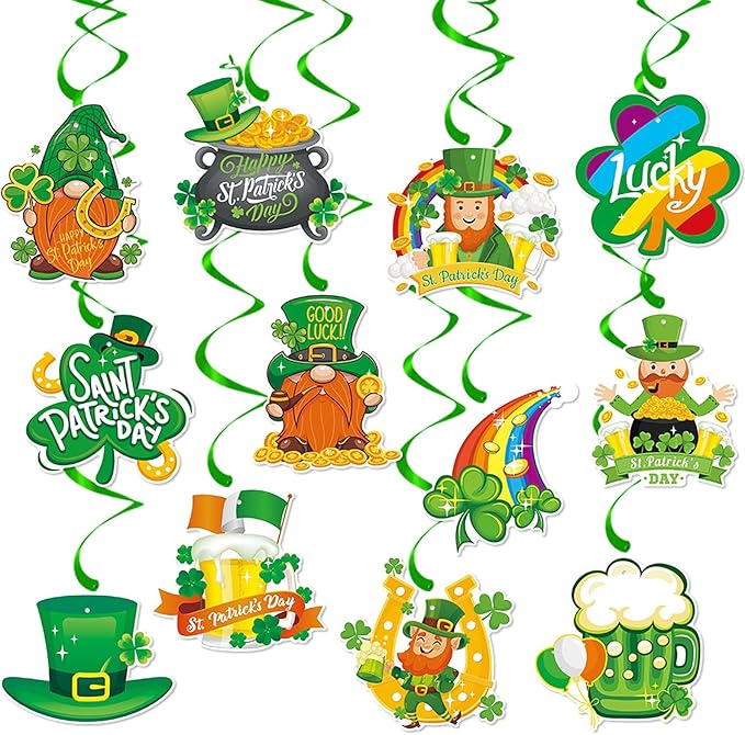St-Saint Patricks-Day Party Decorations Garland Streamers - 12Pcs Green Banner Decor Shamrock Gonme Hat Hanging Swirl,Baby Shower Birthday Irish Lucky Party Supplies Hugtmr