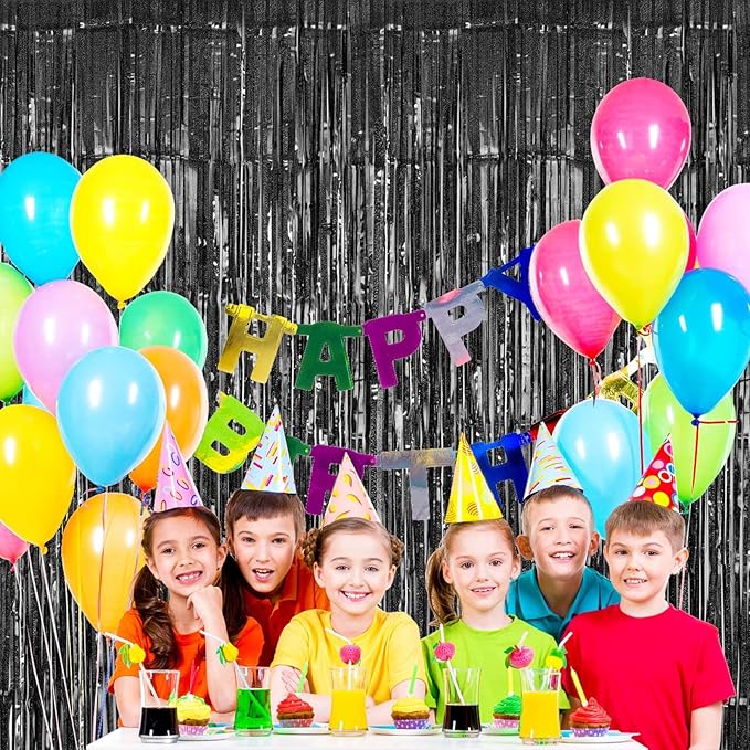 Black Tinsel Foil Fringe Curtain Backdrop, 3.3 x 8.2 ft Metallic Glitter Curtain Streamers, 2 Pack Black Photoboth for Birthday Halloween Bachelorette Party Decorations Photo Booth