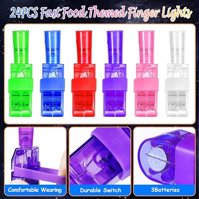 24PCS Party Favors LED Finger Lights, Glow in the Dark Light Up Toys Gifts Bulk for Kids Boy Girl Birthday Goodie Bags Stuffers Party Decorations Back to School Party Classroom Prizes (food)