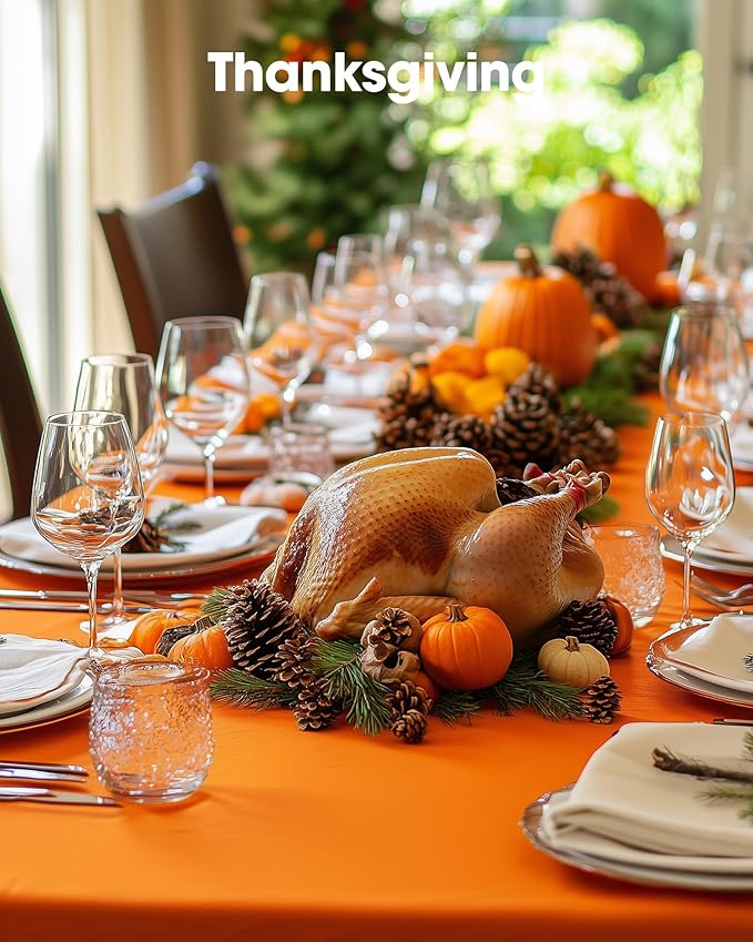 Pureegg Plastic Table Cloth Disposable 6 Pack, 54 x 108 Inch Table Cloths, Halloween Party, Thanksgiving Decorations, Harvest, Fall Tablecloths, Rectangle Tables, Waterproof, Orange