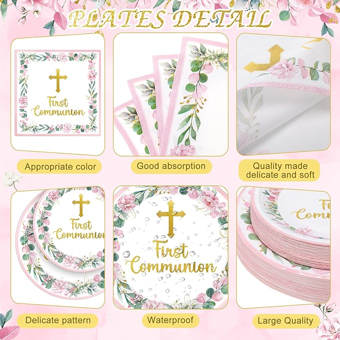 Ceenna 452 Pcs First Communion Party Decoration Girl for 50, Pink Baptism Paper Plate Napkin Cup Tablecloth Cutlery Straw God Bless Disposable Tableware for Christening Religious Baby Shower Supplies