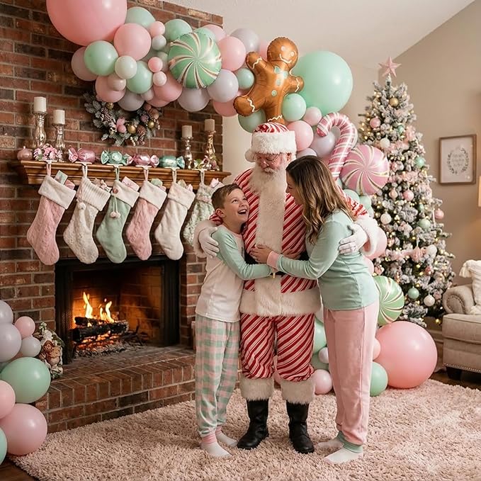 Christmas Balloon Garland Arch kit green pink balloon with Gingerbread Balloon Cane Candy Foil Balloons for Christmas Party Decorations Xmas New Year Birthday Party Supplies globos de navidad