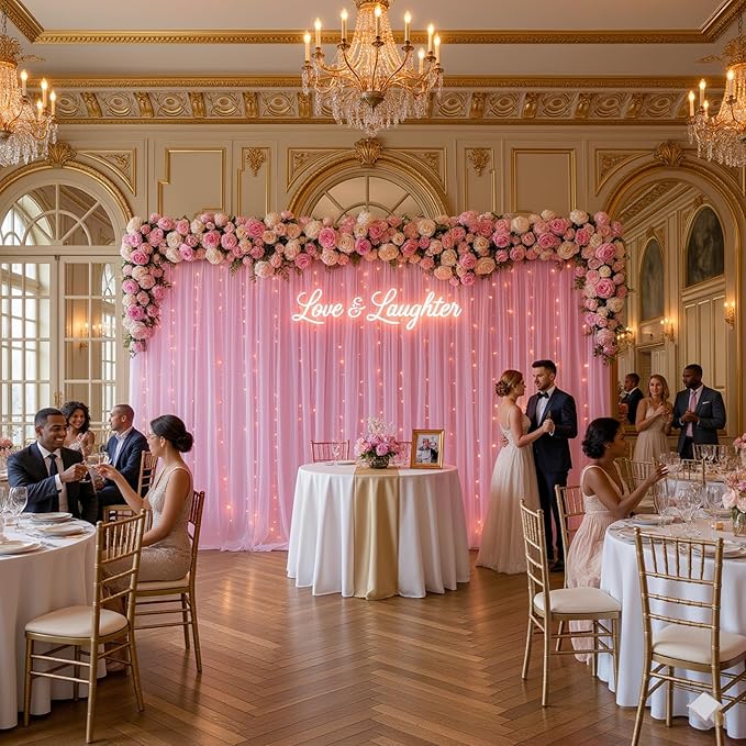 Pink Tulle Backdrop Curtain with String Lights, 2 Panels 5×8FT Sheer Wrinkle-Free Pink Backdrop Drapes for Wedding, Bridal Shower, Birthday, Baby Shower, Princess Party & Photo Booth Decorations