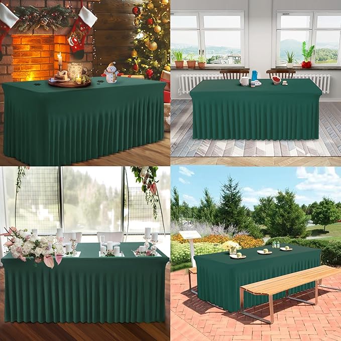 Table Skirt for 4 Foot Tables - One-Piece Hunter Green Tablecloths and Skirt, Wrinkle Resistant Ruffles Elastic Cover for Banquets, Weddings, Events, Parties