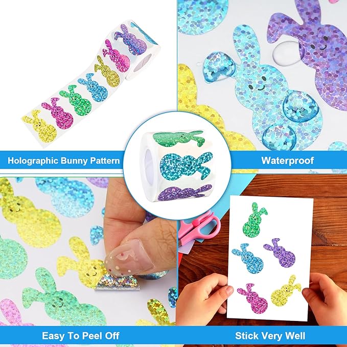 500 PCS Bling Sparkly Easter Bunny Stickers - 1.5'' x 0.8'' Large, 1 Roll of 5 Colors | Easter Basket Essentials Stuff, Waterproof Self-Adhesive Rabbit Stickers for Holiday Cards Boxes Seal Envelopes