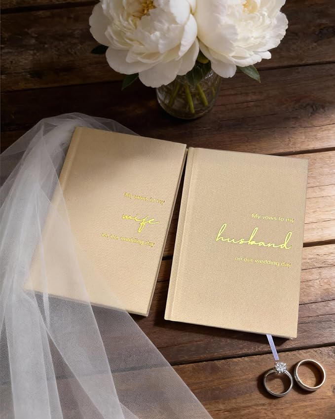 Wedding Vow Books His and Hers-Canvas Linen Foil Embossed, Set of 2 Vow Books Husband and Wife-Wedding Essentials（Beige + Beige）