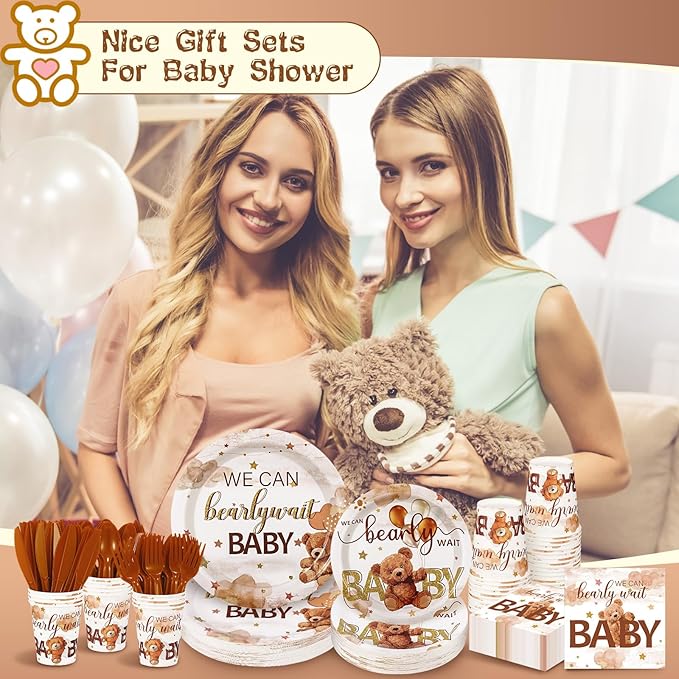 Dandat 350 Pcs Baby Shower Party Supplies Serves 50 Tableware Sets Include Plates Napkin Cup Forks Knives Spoons Disposable Dinnerware(Bear,Brown)