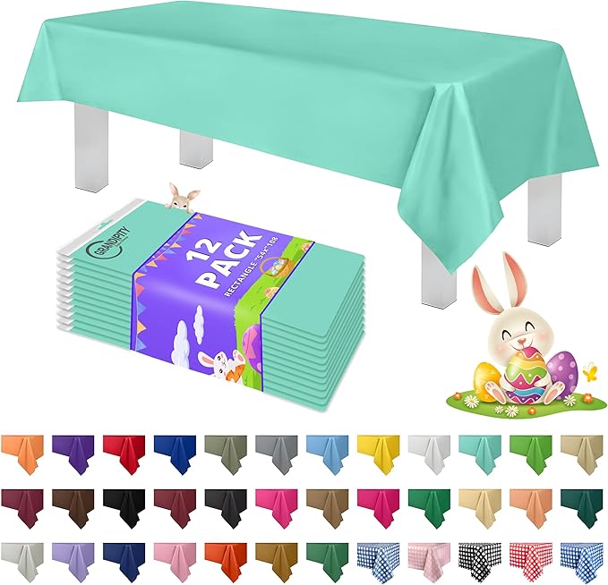 Grandipity 12 Pack Premium Disposable Plastic Tablecloth 54 Inch. x 108 Inch. Decorative Rectangle Table Cover - Aqua