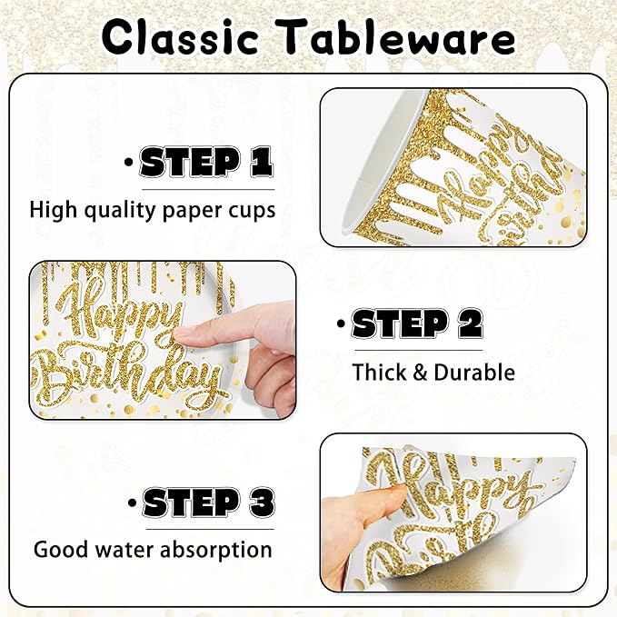 140Pcs Golden Happy Birthday Party Decorations White Gold Paper Plates Napkins Cups Tableware Set Women Men Birthday Themed Party Decor for 20 Guests