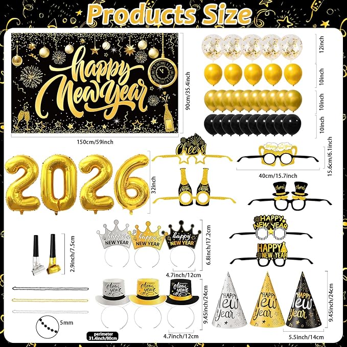 147 Pcs New Year Eve Party Supplies 2026 Black Gold Happy New Year Backdrop Party Decoration Serve 24 Guests Cone Hats Glasses Balloons Number 2026 Headband Tiaras Squawkers Necklace Party Favor