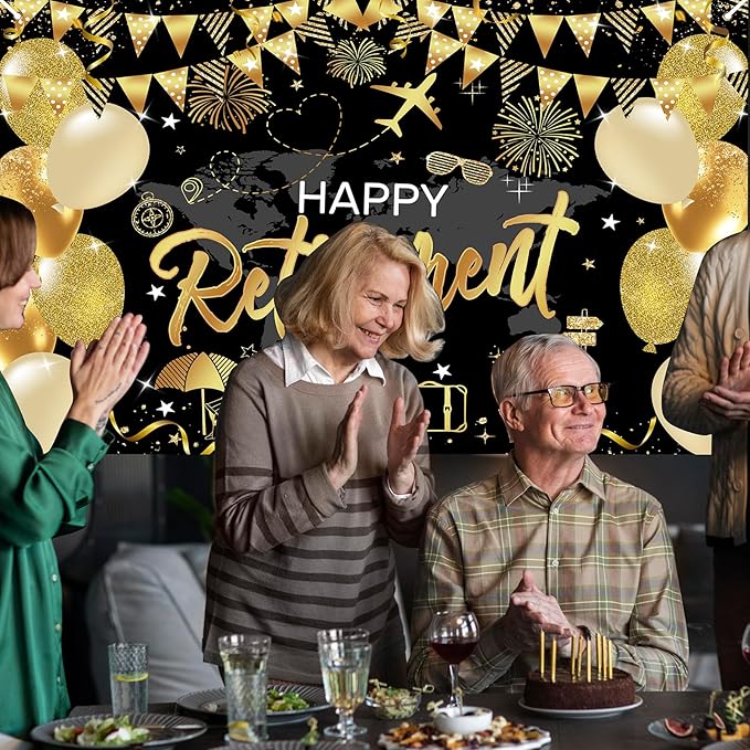 Mocsicka Retirement Party Decorations Black and Gold Happy Retirement Backdrop Banner Retired Party Decorations Photo Booth Props (Black Gold, 180x110cm)