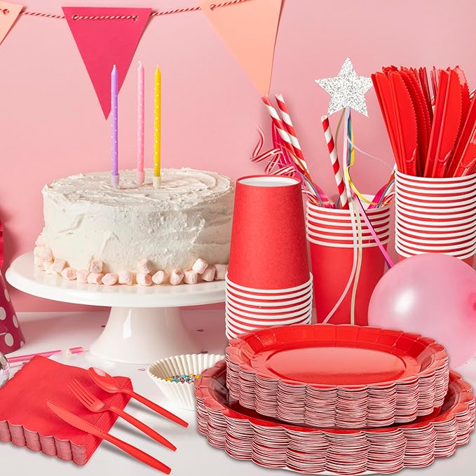 LIYH 350 Pcs Red Paper Plates and Napkins Set for 50 Guest, Disposable Paper Plates Include Red Scalloped Plate Cocktail Napkins Cups Cutlery for Birthday Party