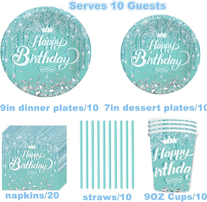 Teal and Silver Party Tableware - Complete Pack for Birthday, Baby Shower Party Including Plates, Cups, Napkins, Straws