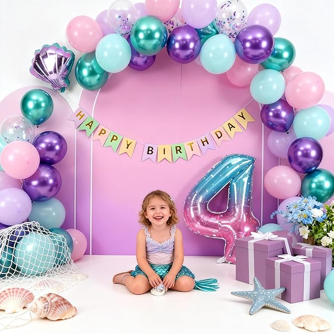 4th Mermaid Birthday Decoration for Girls,Pink Purple Green 4th Birthday Balloon Number 4 Seashell Foil Balloons Banner Mermaid Sea Party Decor Supplies for 4 Year Old