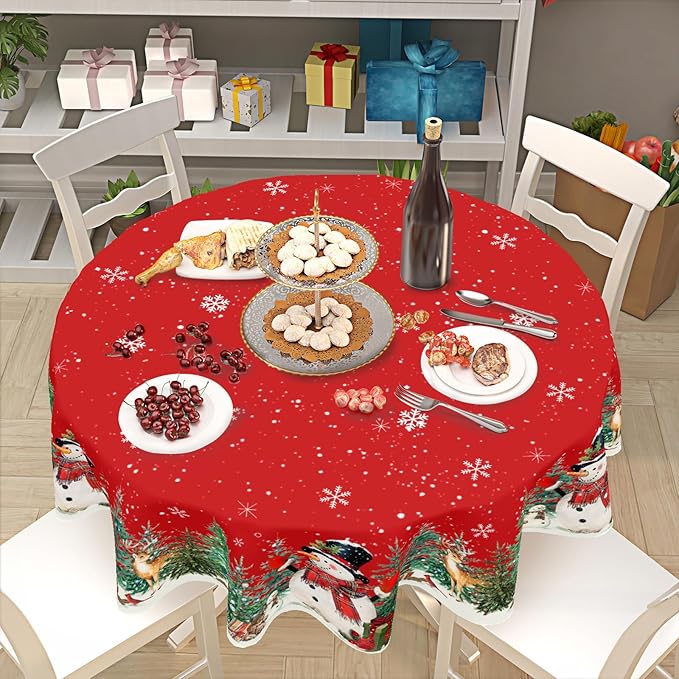 Christmas Tablecloth Round 60 Inch Red Winter Snowman Snowflake Table Cloth Farmhouse Xmas Tree Snow Table Cover for Kitchen Dinner Room Holiday Party Indoor Outdoor Home Christmas Decor