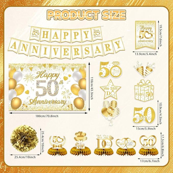 50th Anniversary Decorations, 50th Wedding Anniversary Party Supplies – White Gold Backdrop, Banner, Centerpieces, Hanging Swirls, Pom Poms for 50 Year Celebration (White Gold)