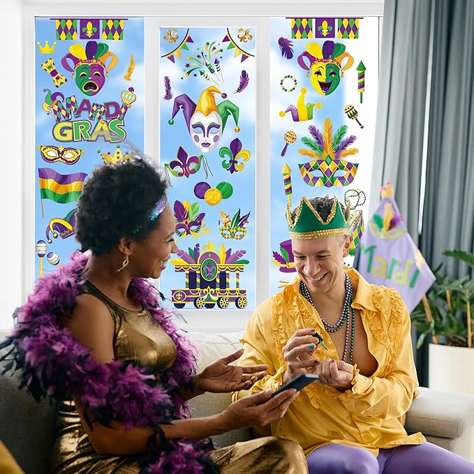 9 Sheets Mardi Gras Window Clings, 11.8 × 7.8 Inches Mardi Gras Decorations, Purple, Gold and Green Window Decals, Double-Sided Carnival Sticker Decor for New Orleans Carnival Holiday Party Supplies