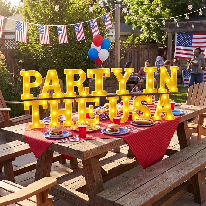 Honoson 13 Pcs 4th of July Decorations Party in The USA Lights up Signs 250th Memorial Day Patriotic Parties Table Decor Set for Independence Day Memorial Veterans Patriotic Party Decorations
