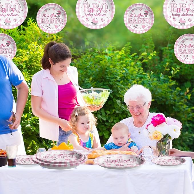 96 Pcs BBQ Baby Shower Decorations It's A BabyQ Paper Plates and Napkins Disposable Pink Gingham Baby Q Party Tableware Set for Girls Barbecue Baby Shower Gender Reveal Picnic Party Supplies Serves 24