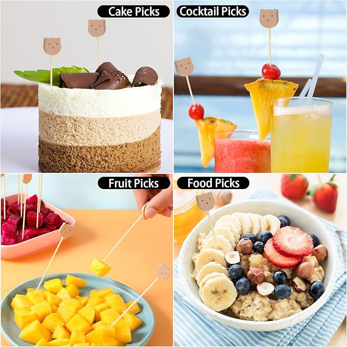 200 Pcs Bamboo Cocktail Picks 4.7 Inch Bear Face Cocktail Sticks Food Picks Garnish Sticks Decorative Toothpicks for Appetizers, Fruits, Dessert, Baby Shower, Birthday Wedding, Party Supplies