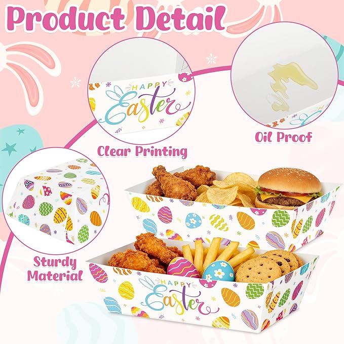 50 Pack Easter Food Trays, 2 Pattern Disposable Paper Tray, Happy Easter Paper Serving Trays Table Decor, Large Egg Tableware Multicolor Party Supplies for Spring Chips Nacho Hot Dogs Popcorn