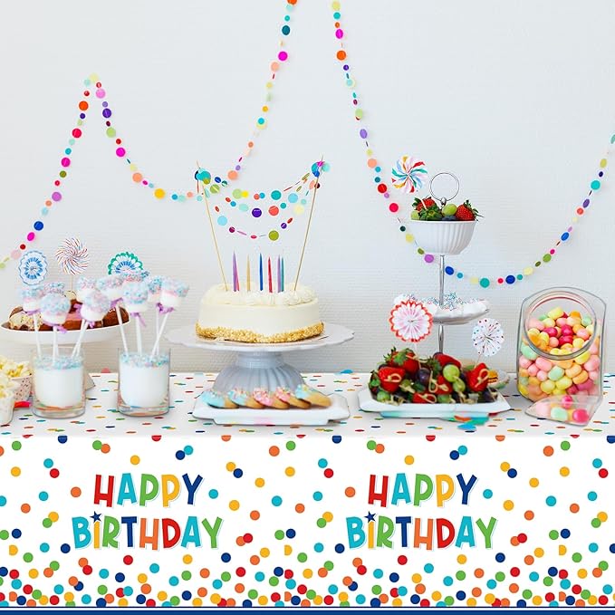 6 Pack Happy Birthday Plastic Tablecloth Decorations,Disposable Colorful Polka Dots Table Cloths,Rectangle Waterproof Table Cover for Girls Boys Birthday Baby Shower Party Decorations,54x108 Inch