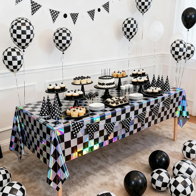 3-Pack Vibrant Black Checkered Tablecloths, Holographic Glittering Disposable Plastic Tablecloths, 54 Inches x 108 Inches, Suitable for Picnics, Birthday Parties, Racing Theme Decorations