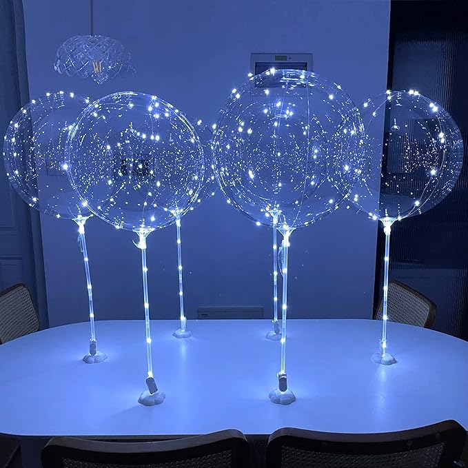 Lightsfever cold white 6pc LED Light up Balloon with sticks, stands and batterys, centerpieces for party no helium required DIY Kit (cold white)