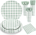 175 Pcs Gingham Paper Plates, Sage Green Baby Shower Decorations Include Sage Green Plates and Napkins Disposable Checkered Dinnerware Set for Bridal Shower, Wedding, Birthday