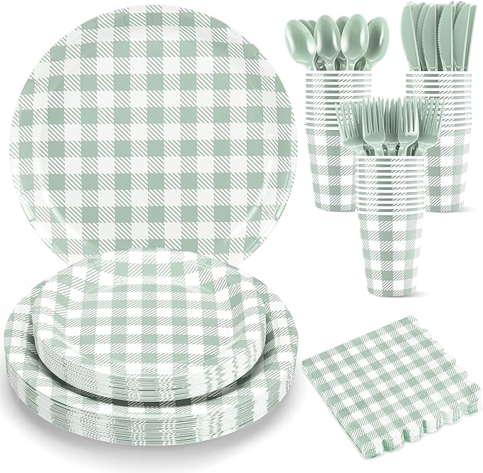 175 Pcs Gingham Paper Plates, Sage Green Baby Shower Decorations Include Sage Green Plates and Napkins Disposable Checkered Dinnerware Set for Bridal Shower, Wedding, Birthday