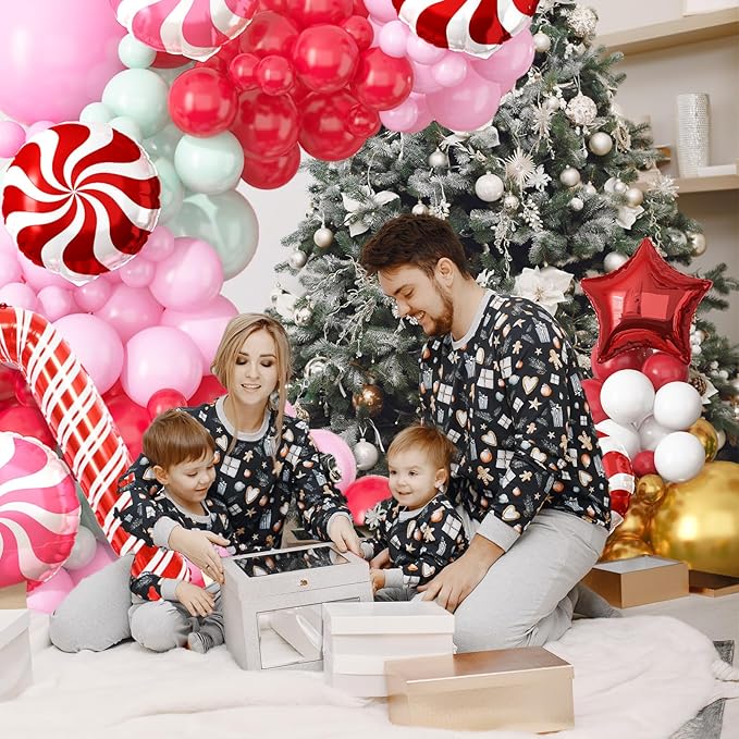 Merry Christmas Balloon Arch Kit Pink Balloon Garland, 112pcs Christmas Decorations Pink Red Green Balloons with Windmill Cane Foil Balloon, Baby Shower Xmas Party Supplies Decor