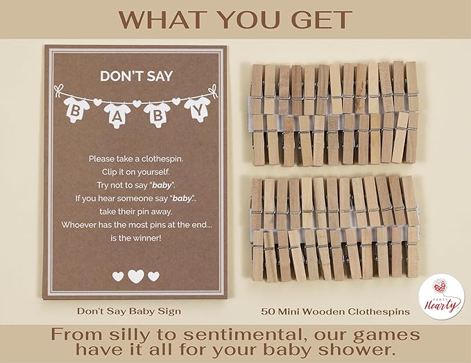 Party Hearty Baby Shower Games for Girl & Boy, Don't Say Baby Game,1 Sign and 50 Mini Natural Clothespins, Shower Game Ideas