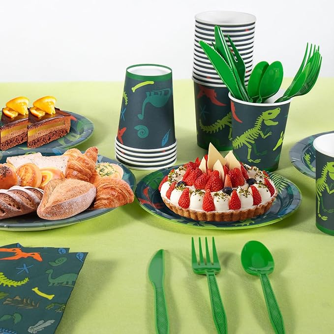 Dinosaur Birthday Decorations, 170 Pcs Dinosaur Party Supplies Including Banner, Plates, Cups, Napkins, Cutlery and Tablecloths, Serves 24
