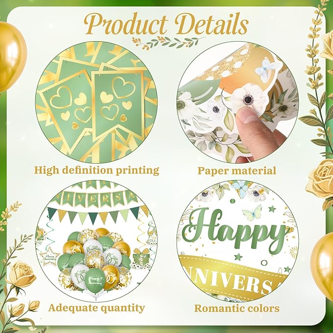 Green Happy Anniversary Decorations, Sage Green Happy Anniversary Banner Balloons First Year Anniversary Hanging Decor Wedding Party Backdrop for Marriage Celebrations Surprise Events Party Supplies