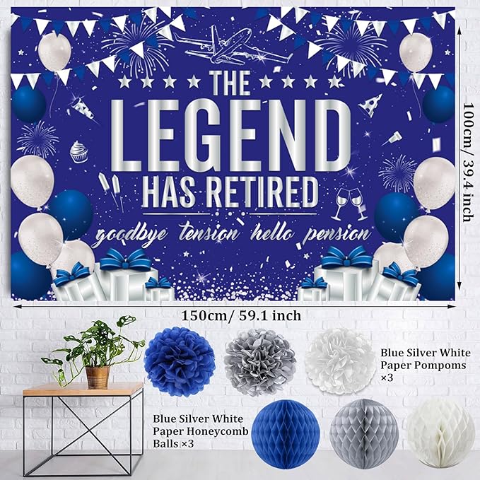 Retirement Party Decorations Blue Silver Happy Retirement Decorations for Men Women, Happy RetIrement Banner, Retired Backdrop, Balloons, Pompoms, Hanging Swirls, Retired Cards, Cake Toppers Set 54pcs