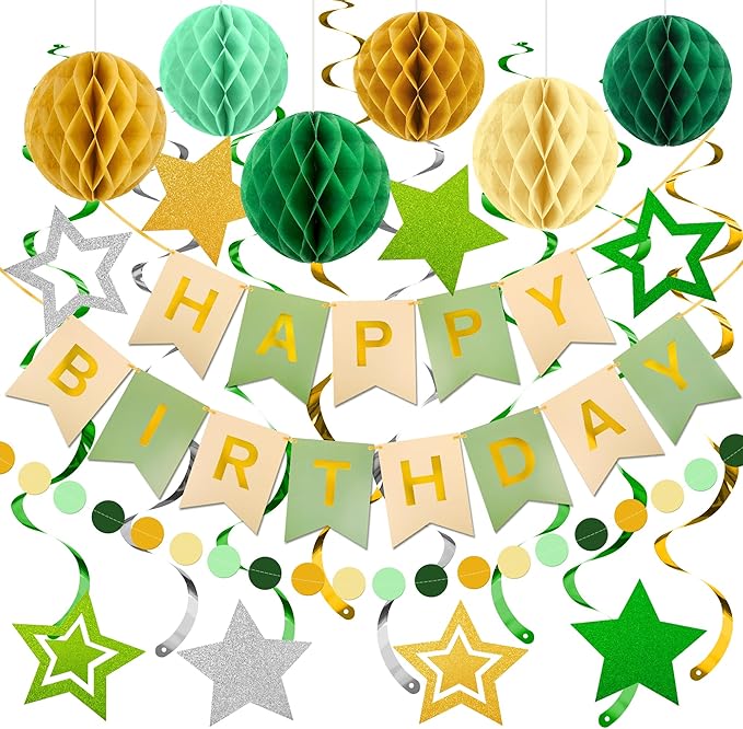 Birthday Decorations, Happy Birthday Banner with Honeycomb Balls, Swirls Set Happy Birthday Decorations Sign for Men Women Boys Girls Birthday Party Supplies Kit for Indoor Outdoor