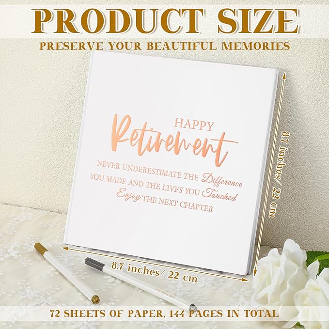2026 Retirement Guest Book with 2 Markers 8.7'' Square Hardcover Blank Guest Photo Signing Memory Book Happy Retirement Gift Party Supplies for Women Men Teacher Grad Decor (White,Classic)