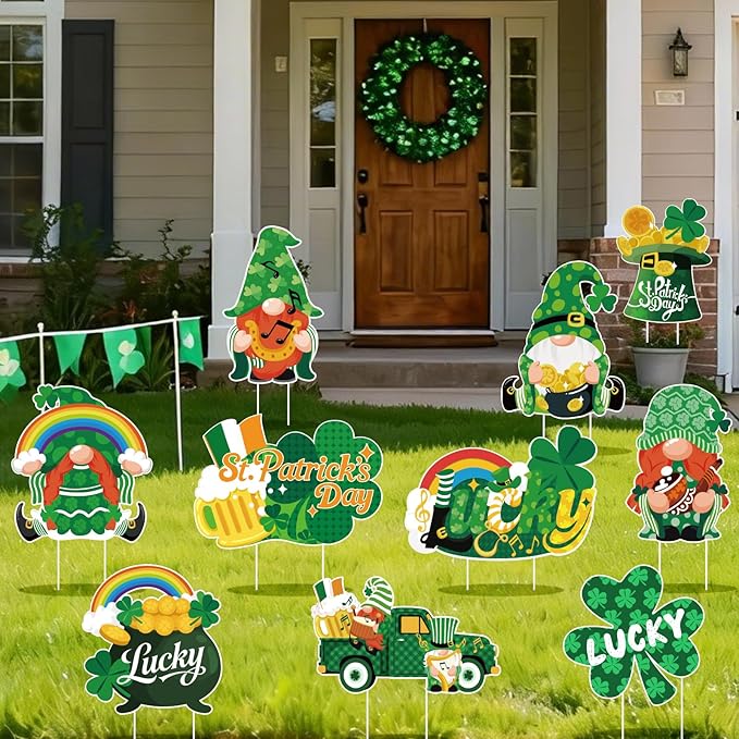 10Pcs St. Patrick's Day Yard Sign Decorations Gnome Lawn Outdoor Decor with Stakes Saint Patricks Day lrish Home Garden Decorations