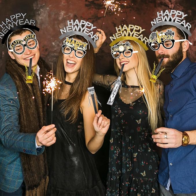 Openfly 36Pcs New Years Eve Party Supplies 2026 Happy New Year Hats Headband Tiara Noise Makers Paper Glasses Party Favors