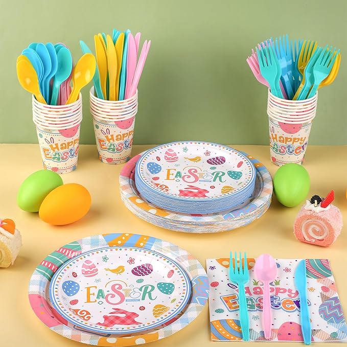 Kochorie 168 Pieces Easter Paper Plates and Napkins Colorful Happy Easter Bunny Egg Party Supplies Include Disposable Paper Plates Cups Napkins Plastic Cutlery for Spring Holiday Party Decor Serves 24