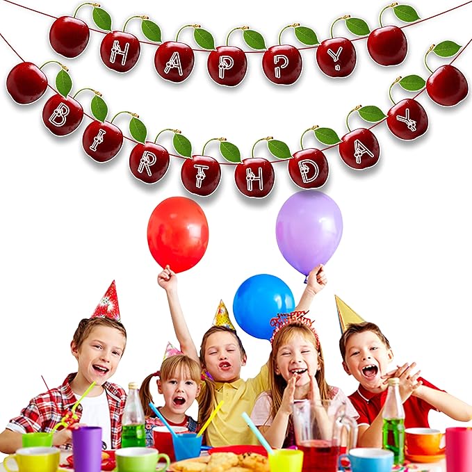 Cherry Happy Birthday Banner – Fruit-Themed Birthday Decoration Banner for Indoor Party Setup, Wall Hanging Display, Dessert Table Background, Photo Booth Backdrop, and Creative Birthday