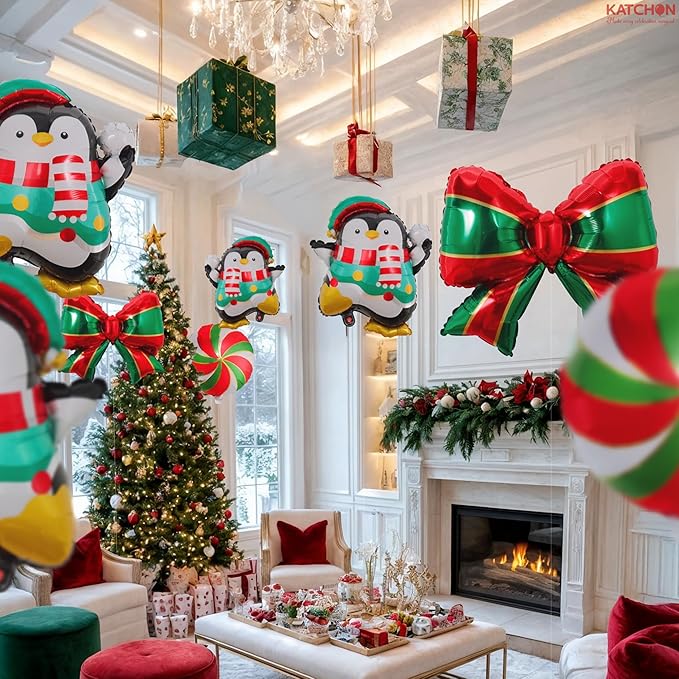 KatchOn, Merry Christmas Balloons Set – Pack of 8 | Peppermint Candy, Penguin & Bow Balloons for Outdoor Christmas Decorations Indoor | Penguin Xmas Decorations | Foil Balloon for Holiday Party Decor