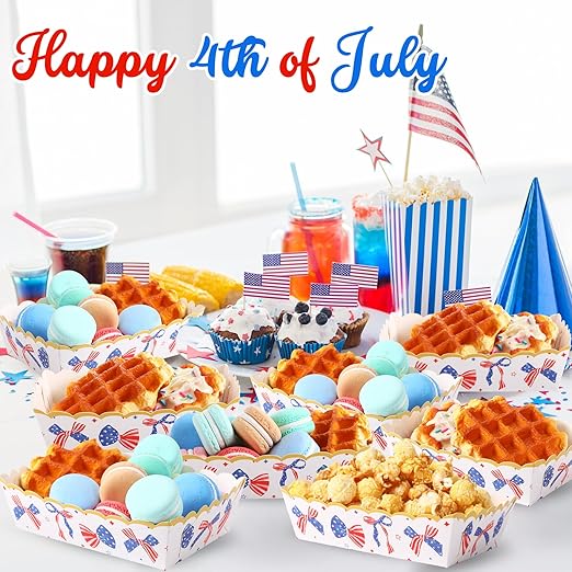 36 Pack Patriotic Plates Paper Food Trays Patriotic Food Boats Disposable American Flag Nacho Snack Taco Hot Dog Holder Serving Trays for Labor Day Veteran Day Party Decor Supplies(Bow)